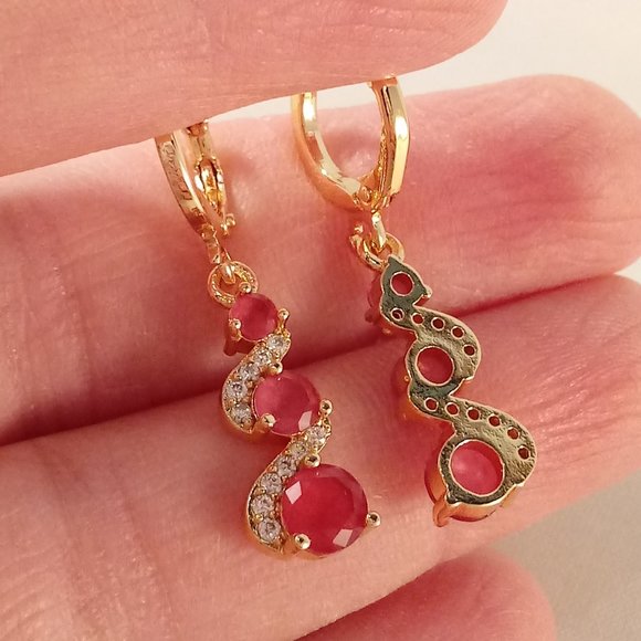 18K Yellow Gold Filled Red Diamond Zircon Swirl Dangle Earrings Women's Gift - Picture 3 of 4